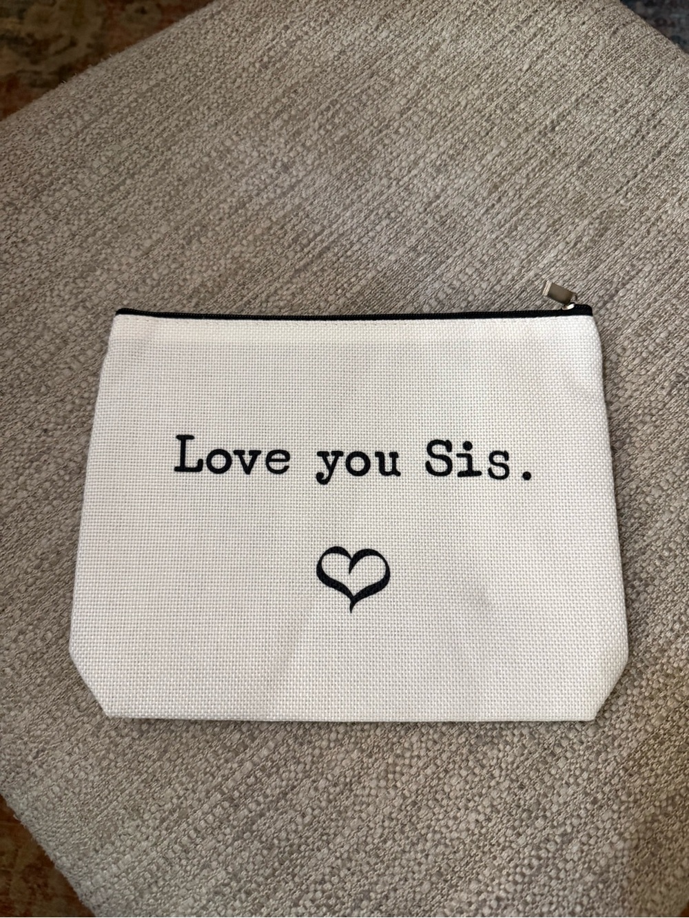 Love You Sis Canvas Zip Pouch -Cream and black